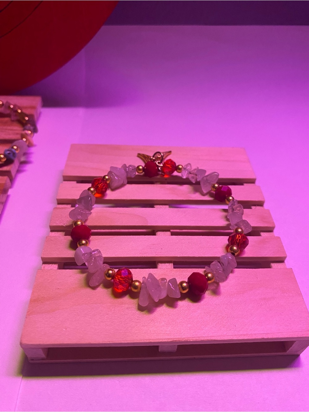 Gold Accent Red Beaded Bracelet with Rose Crystal Chips